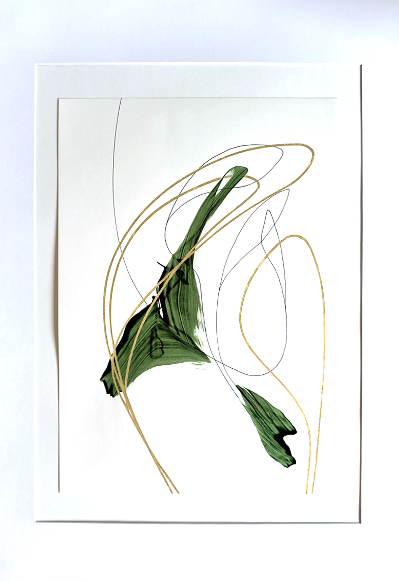 Stephan Schön — Sequenz II.3, 2024, Schellacktinte, Tinte und 24-Karat-Blattgold auf Papier, 59,4 × 42 cm