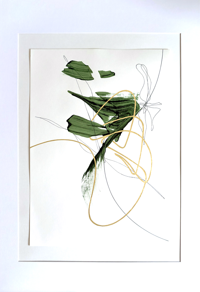 Stephan Schön — Sequenz II.4, 2024, Schellacktinte, Tinte und 24-Karat-Blattgold auf Papier, 59,4 × 42 cm