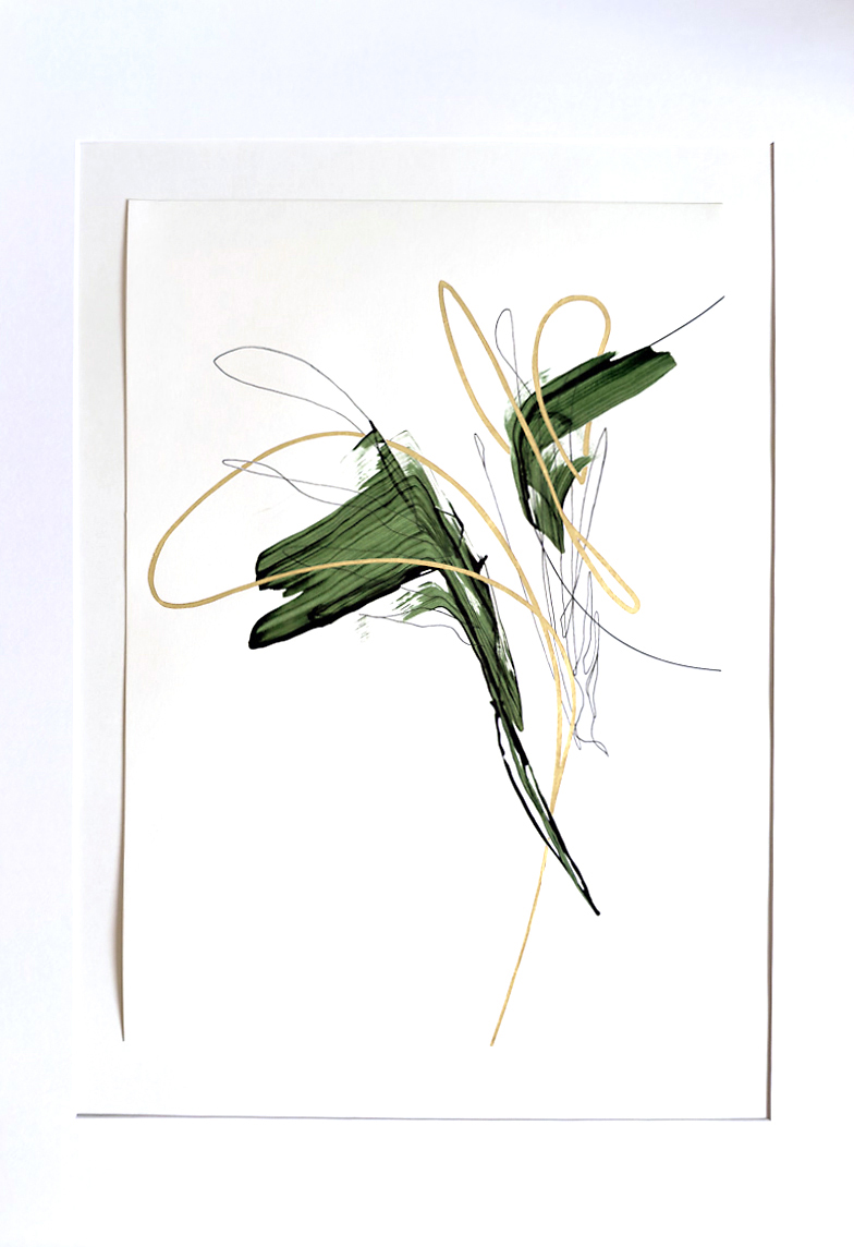 Stephan Schön — Sequenz II.5, 2024, Schellacktinte, Tinte und 24-Karat-Blattgold auf Papier, 59,4 × 42 cm