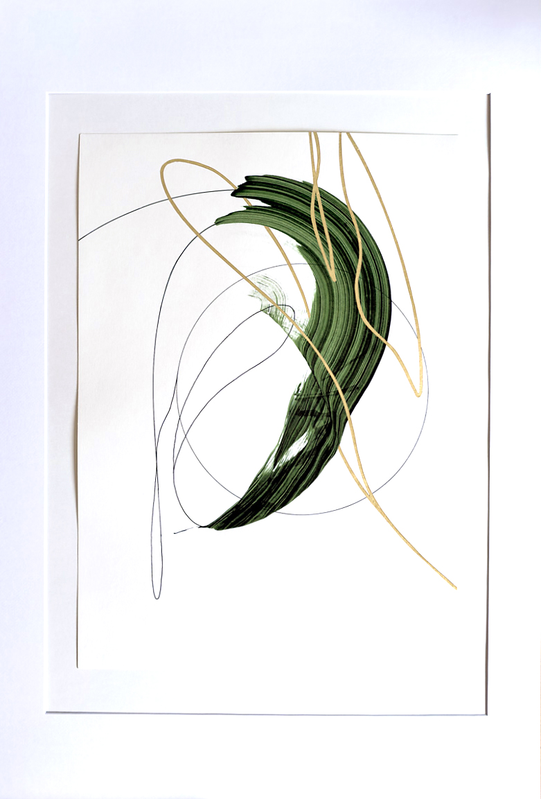 Stephan Schön — Sequenz II.9, 2024, Schellacktinte, Tinte und 24-Karat-Blattgold auf Papier, 59,4 × 42 cm
